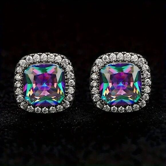 Beautiful Rainbow Topaz Earrings with CZ Accents - Picture 3 of 4